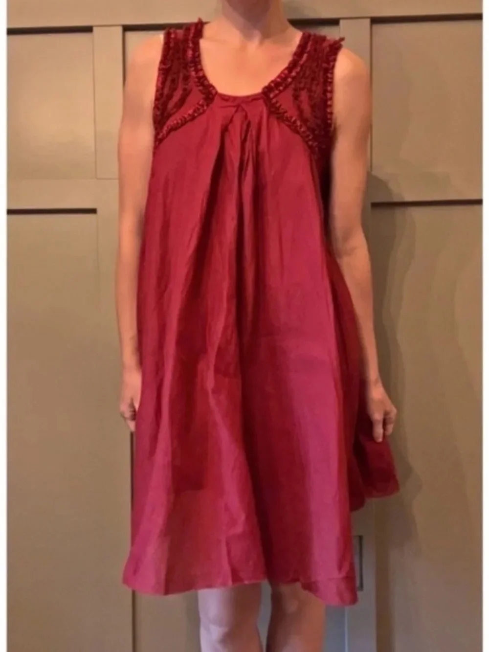 Free People Red Beaded Ruffle Dress Sleeveless Scoop Neck Keyhole Back Sz Small